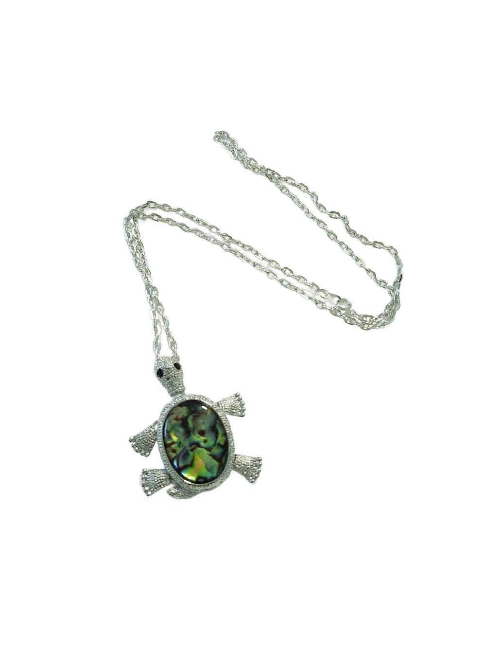 Vintage Silver Blue Green Abalone Turtle Pendant Necklace: Articulated